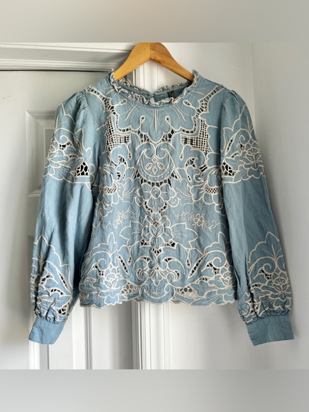 Anthropologie Lainie Light Blue Eyelet Embroidered Long Sleeve Blouse - Picture 3 of 6